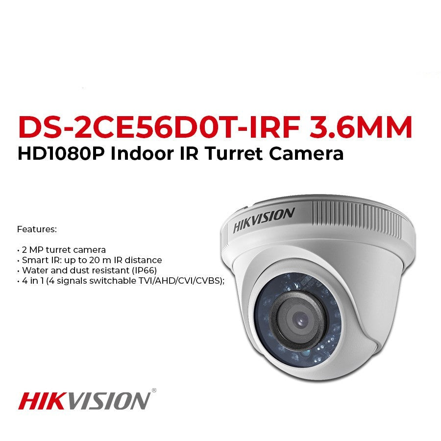 Hikvision DS-2CE56D0T-IRF Analog HD 1080p (2MP) Fixed Turret Camera Weatherproof (IP66)